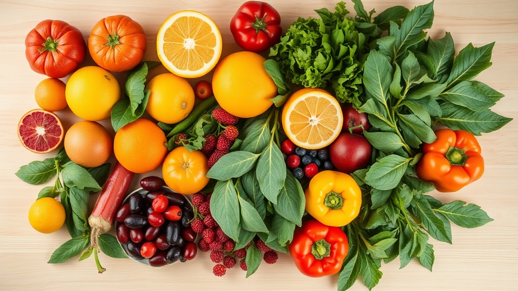 Aliments riches en micronutriments disposes sur une table : legumes verts, noix, agrumes et poissons