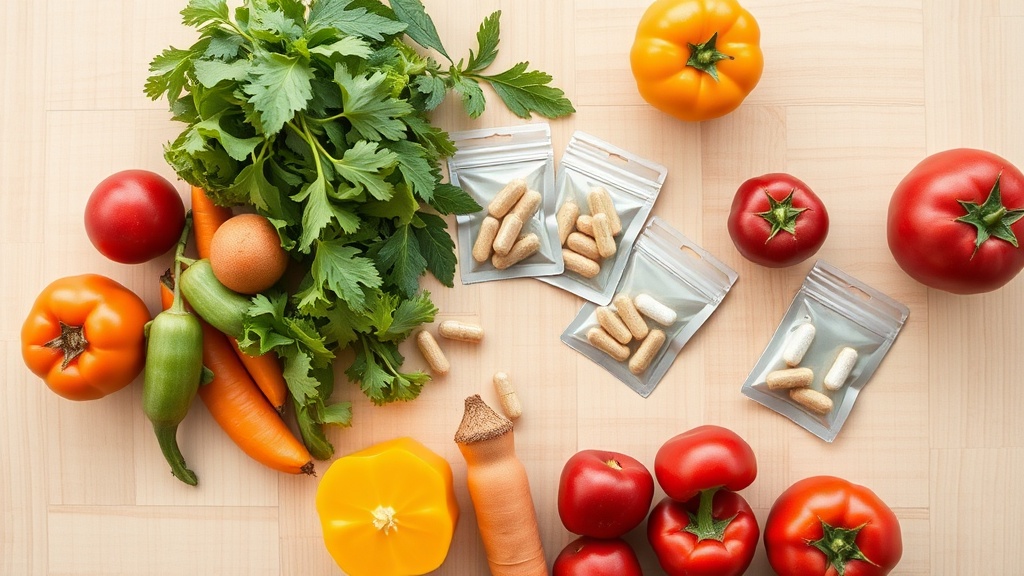 Complements alimentaires en gelules poses a cote d'un carnet de suivi alimentaire et d'un verre d'eau